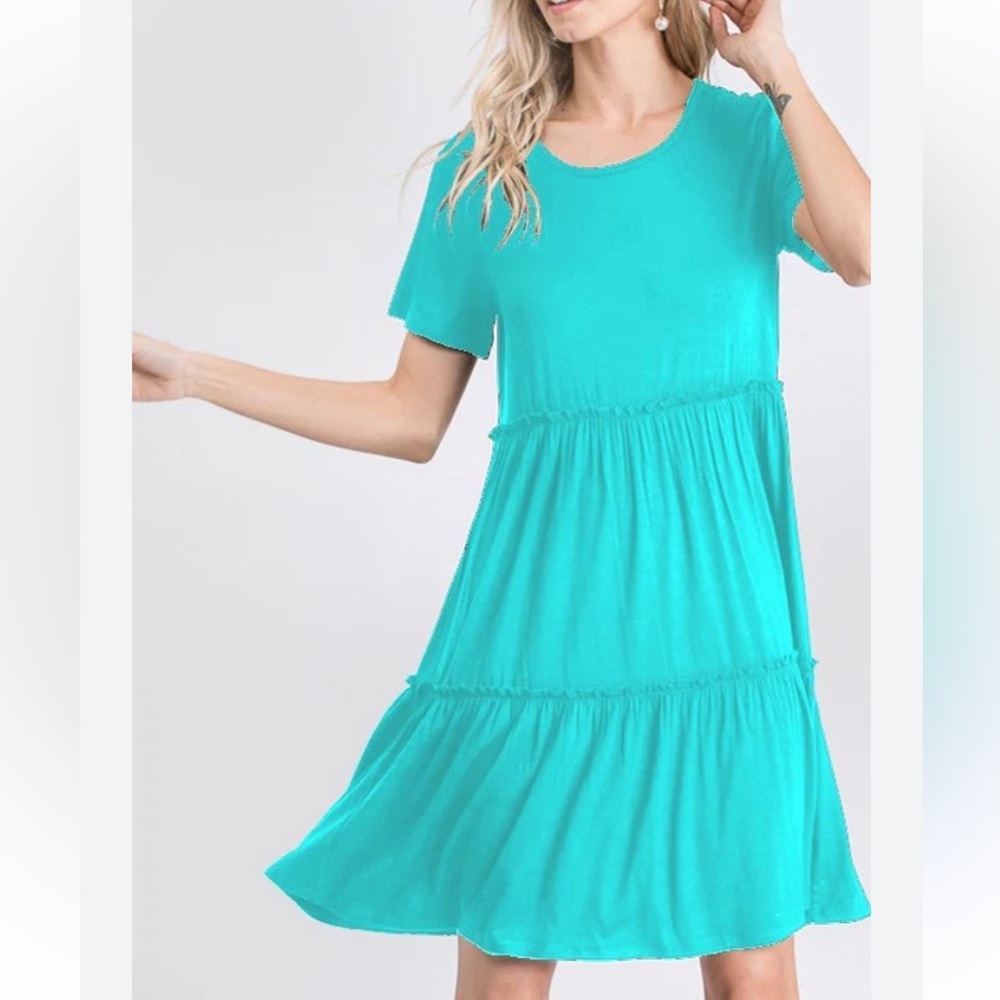 HEIMISH USA Aqua Blue T Shirt Dress Short Sleeve Ruffle Knee Length